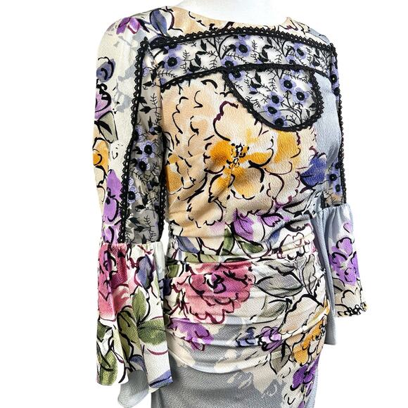Tracy Reese Womens Size 0 Floral Lace 3/4 Sleeve Ruched Sheath Dress Grey Violet - Picture 8 of 16